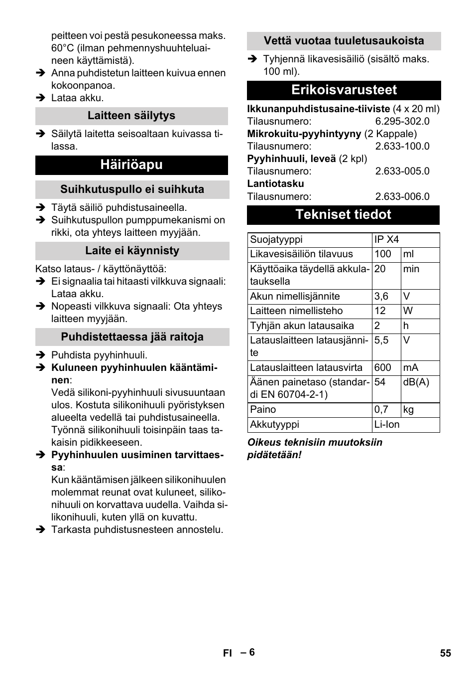 Häiriöapu, Erikoisvarusteet tekniset tiedot | Karcher WV 50 Plus User Manual  | Page 55 / 152 | Original mode