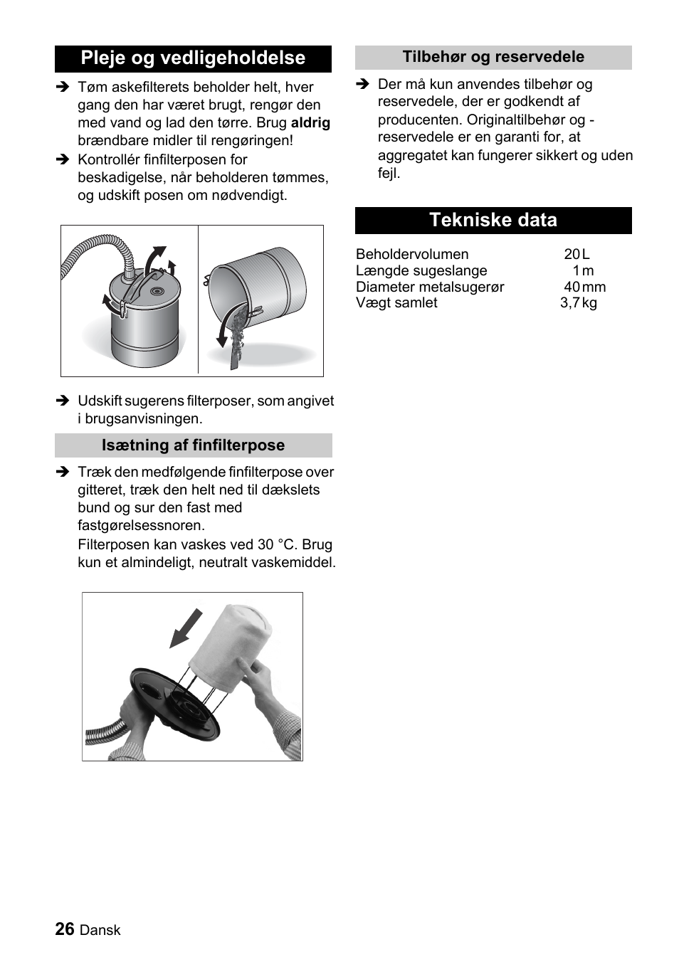 Pleje og vedligeholdelse, Tekniske data | Karcher Filtr na hrubé nečistoty  a popel Premium User Manual | Page 26 / 84 | Original mode