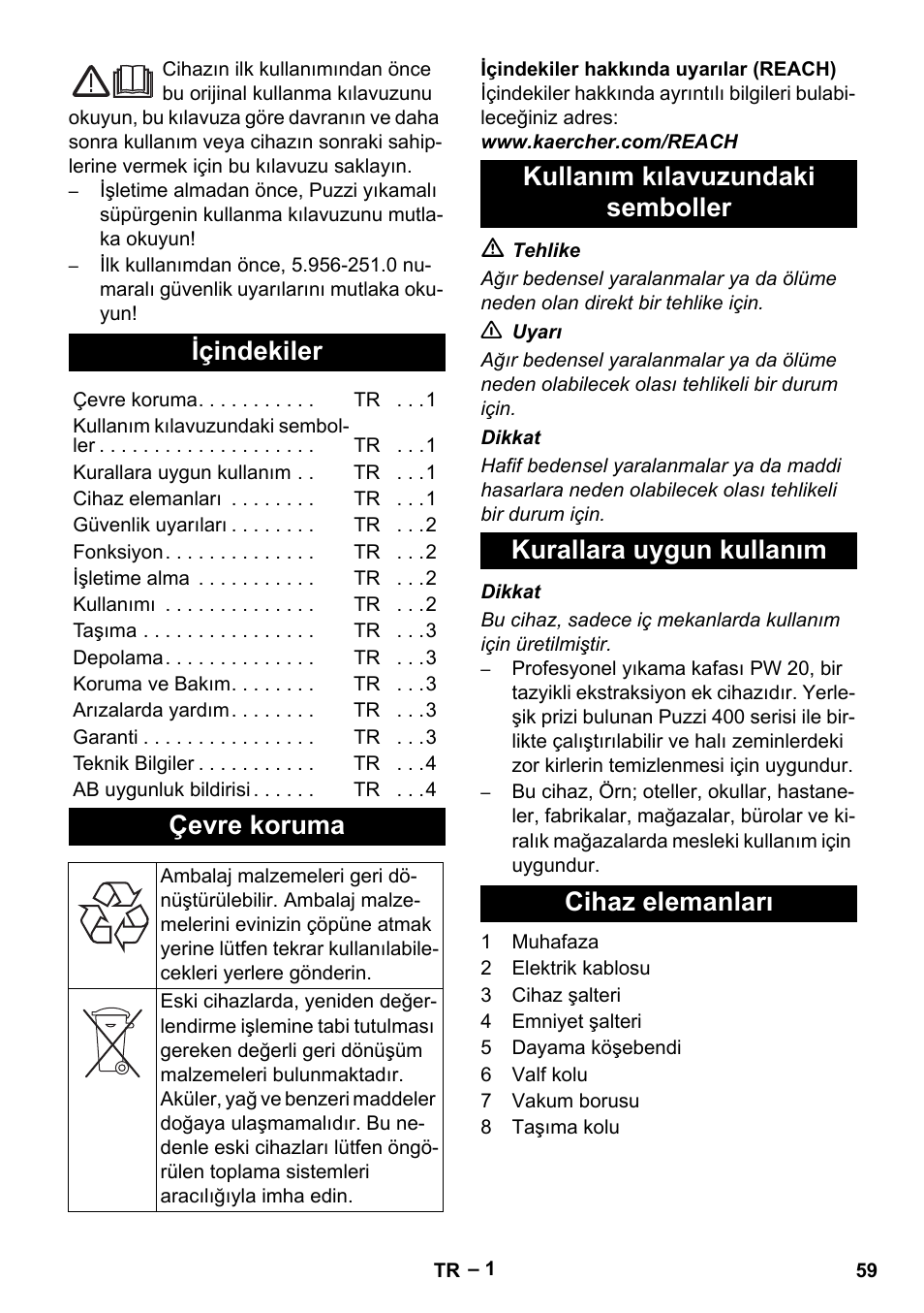 Türkçe, Içindekiler, Çevre koruma | Karcher PW 20 User Manual | Page 59 /  132 | Original mode
