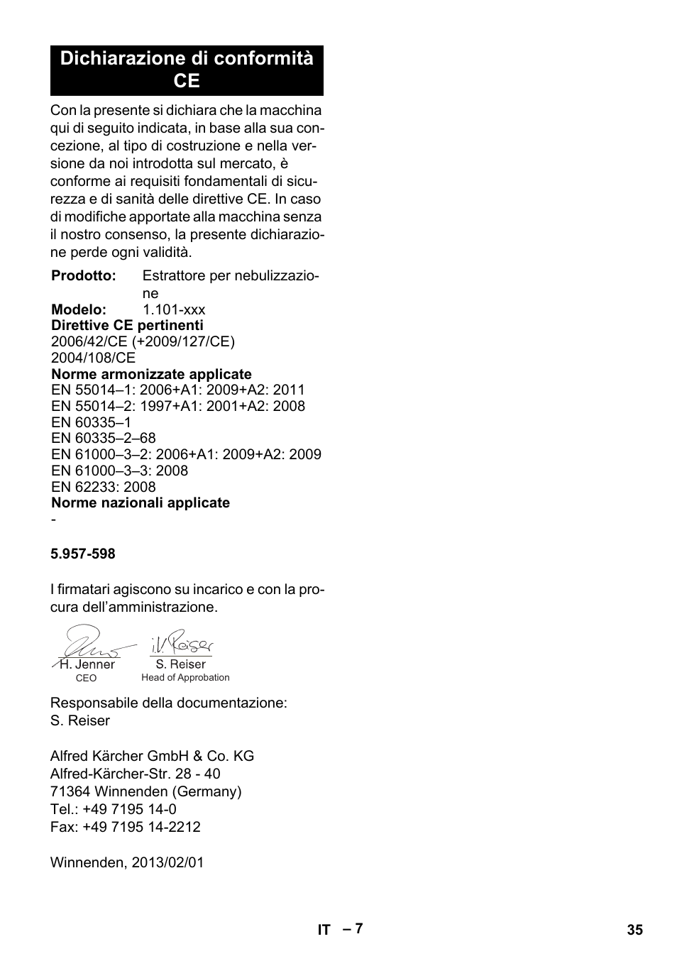 Dichiarazione di conformità ce | Karcher Puzzi 400 K User Manual | Page 35  / 192 | Original mode