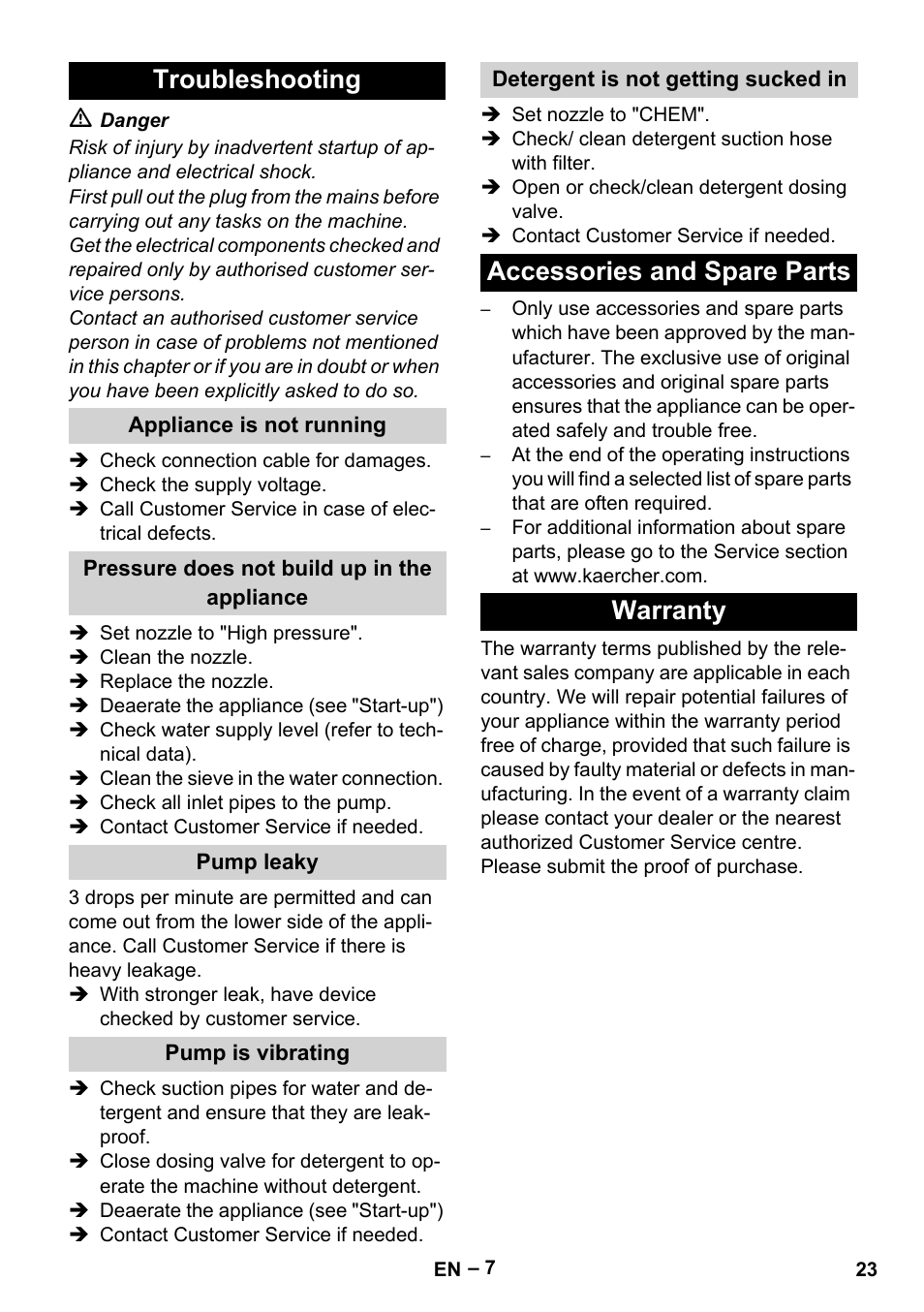 Troubleshooting, Accessories and spare parts warranty | Karcher HD 6-13 C  User Manual | Page 23 / 332