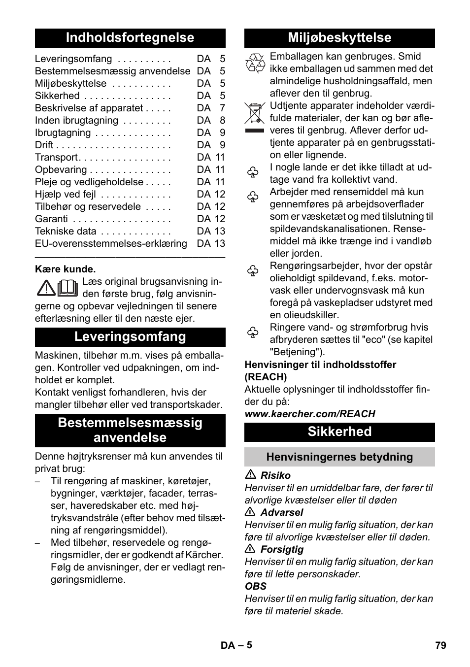 Dansk, Indholdsfortegnelse, Leveringsomfang | Karcher K 4 Premium eco!ogic  Home User Manual | Page 79 / 286 | Original mode