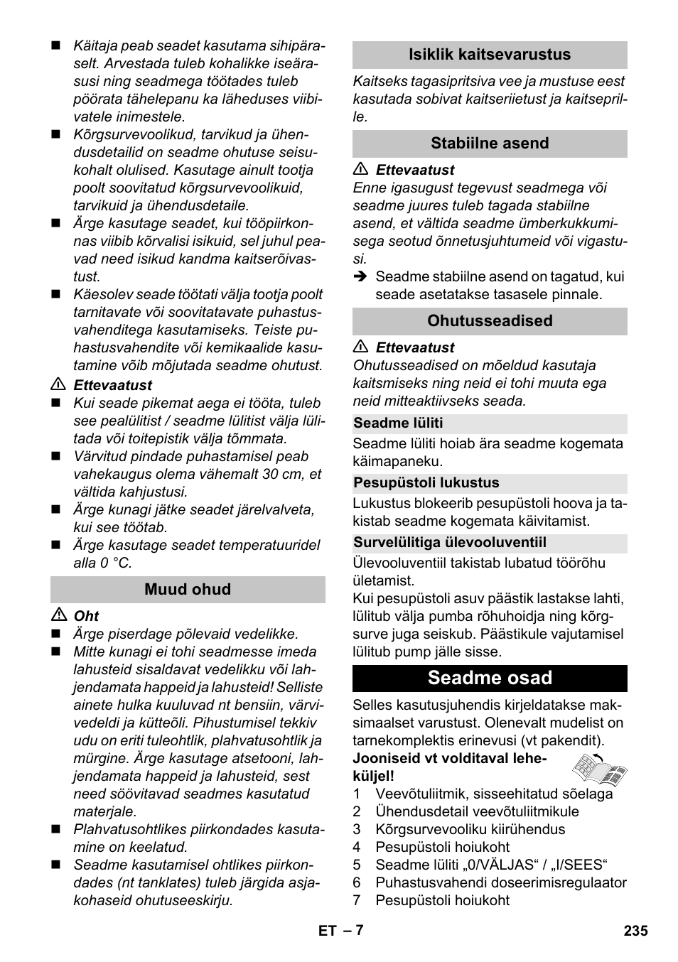 Muud ohud, Isiklik kaitsevarustus, Stabiilne asend | Karcher K 7 User  Manual | Page 235 / 288 | Original mode