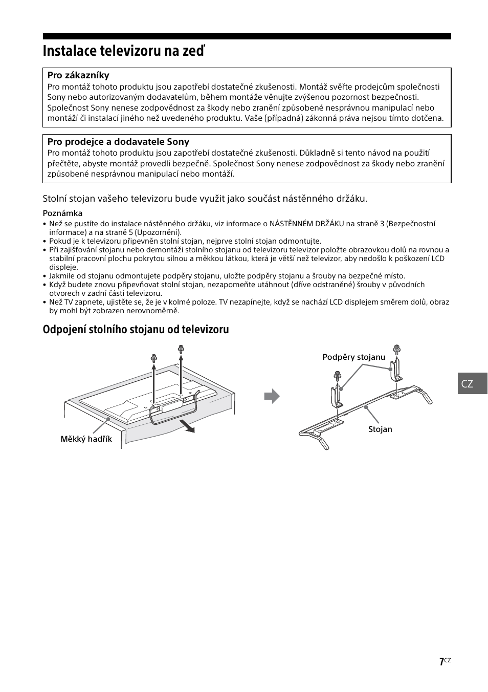 Instalace televizoru na zeď, Odpojení stolního stojanu od televizoru | Sony  KDL-50W805B User Manual | Page 217 / 376