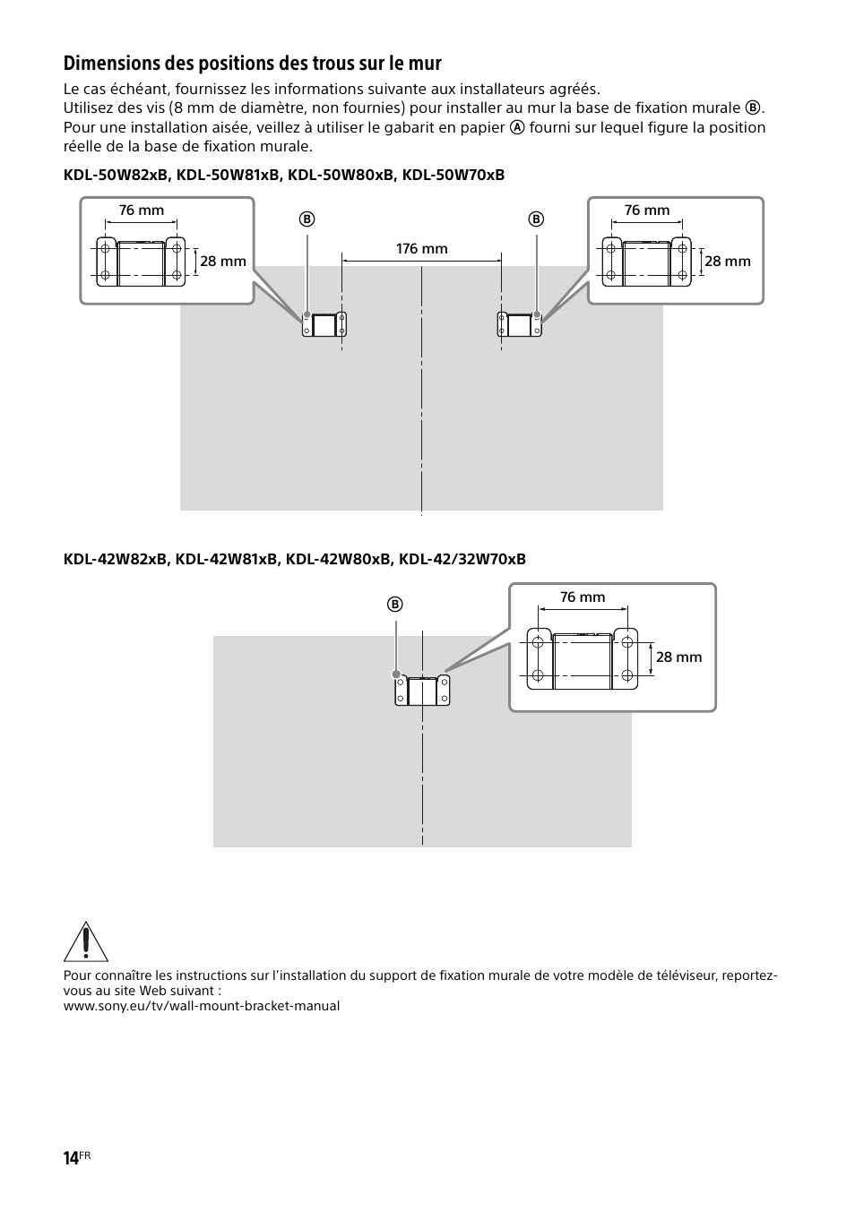 Dimensions des positions des trous sur le mur | Sony KDL-50W805B User  Manual | Page 30 / 376