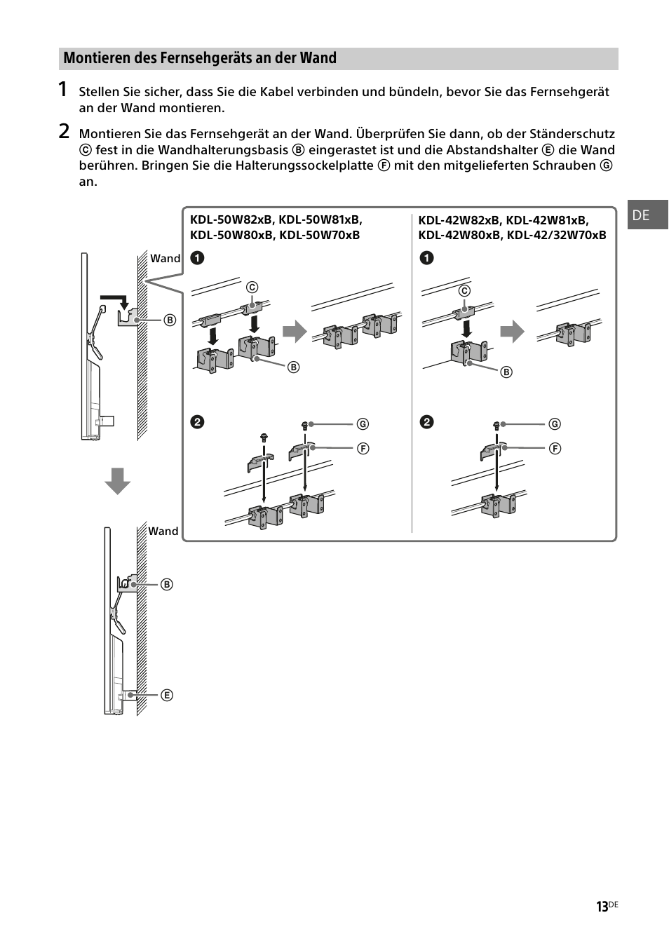 Montieren des fernsehgeräts an der wand | Sony KDL-50W805B User Manual |  Page 83 / 376 | Original mode