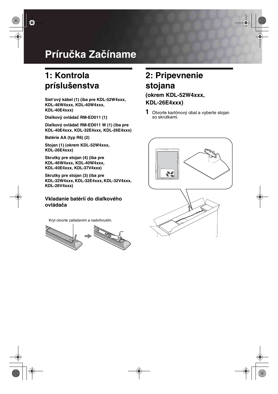 Príručka začíname, Kontrola príslušenstva, Pripevnenie stojana | Sony  KDL-32V4500 User Manual | Page 148 / 215