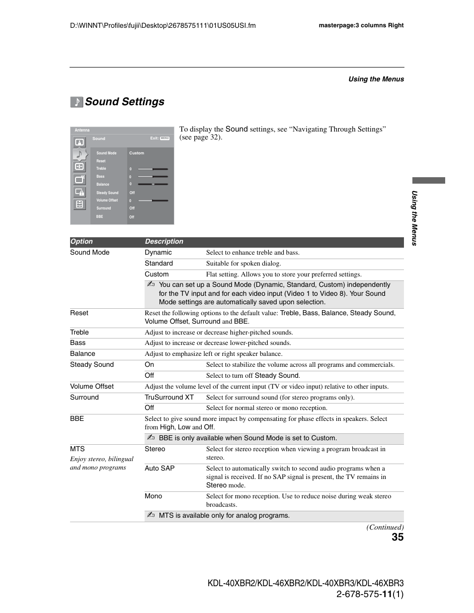 Sound settings | Sony KDL-40XBR3 User Manual | Page 35 / 56