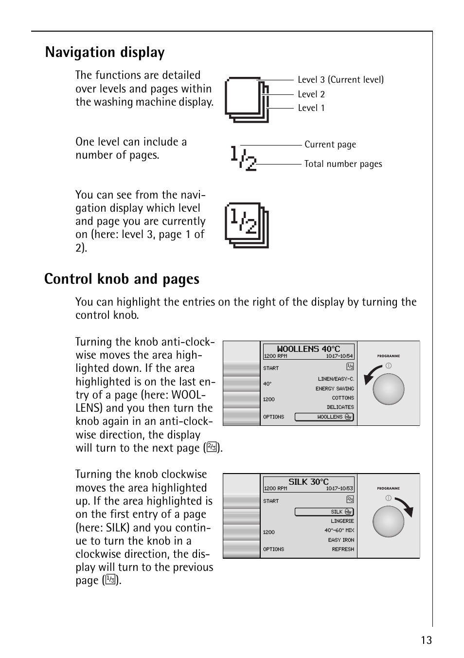Navigation display, Control knob and pages | AEG LAVALOGIC 1600 User Manual  | Page 13 / 68 | Original mode