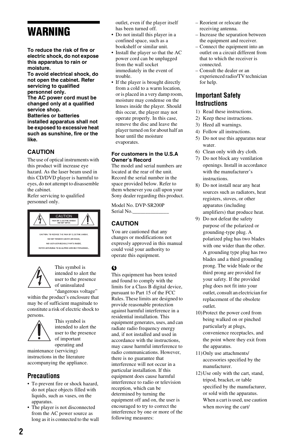 Warning, Precautions, Important safety instructions | Sony DVP-SR200P User  Manual | Page 2 / 12 | Original mode