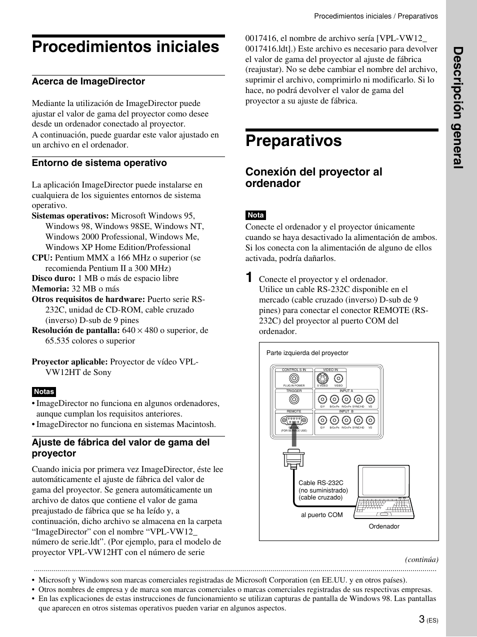 Procedimientos iniciales, Preparativos, Descripción g eneral | Sony  VPL-VW12HT User Manual | Page 33 / 58 | Original mode