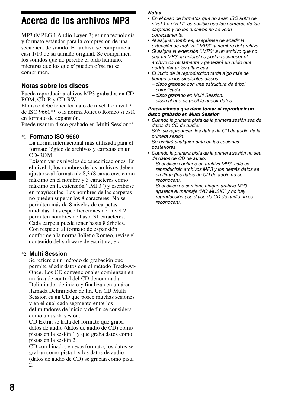 Acerca de los archivos mp3, 8acerca de los archivos mp3 | Sony CDX-R3300  User Manual | Page 30 / 68 | Original mode