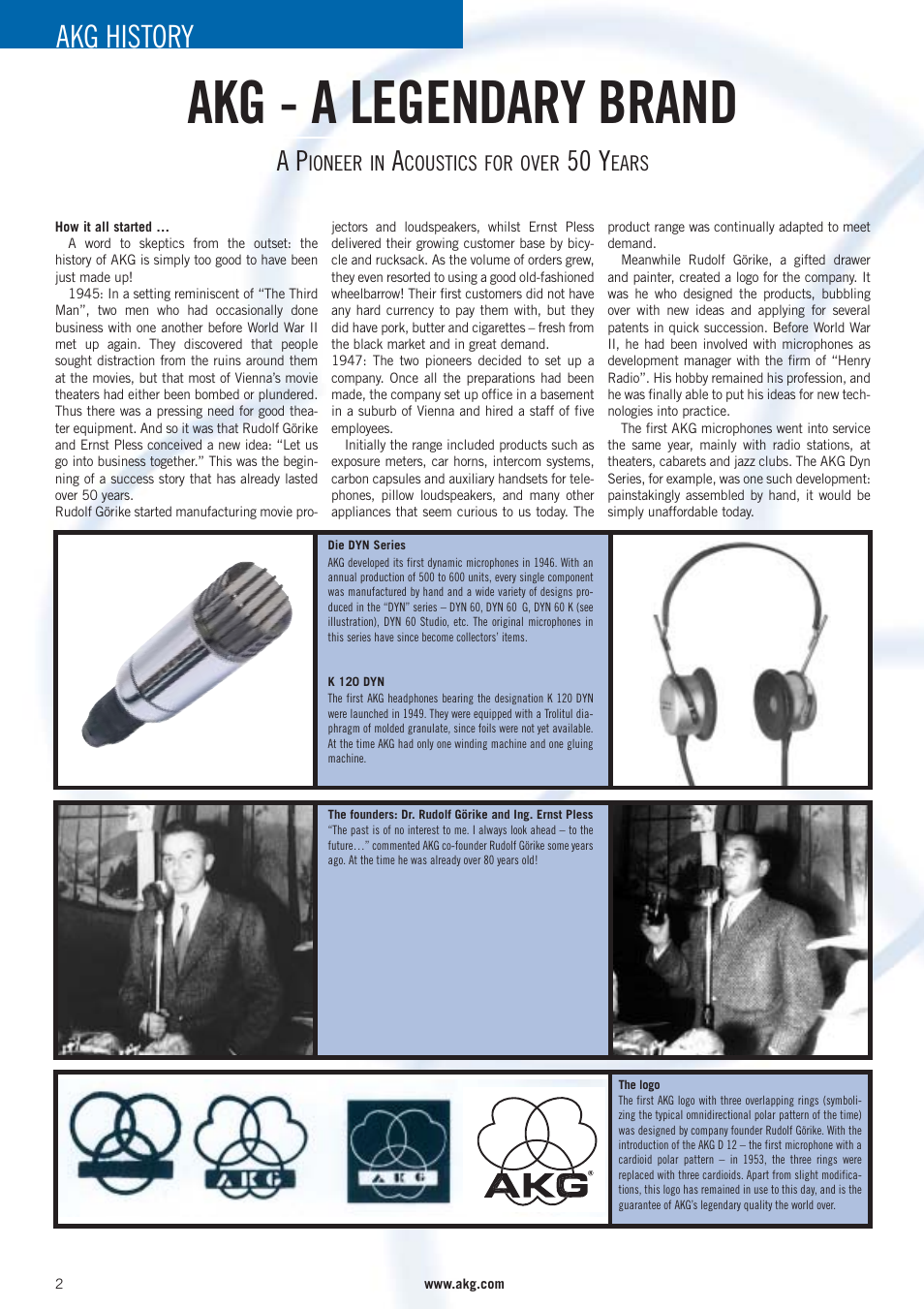 Akg - a legendary brand, Akg history, 50 y | AKG Acoustics WMS 40 User  Manual | Page 4 / 100