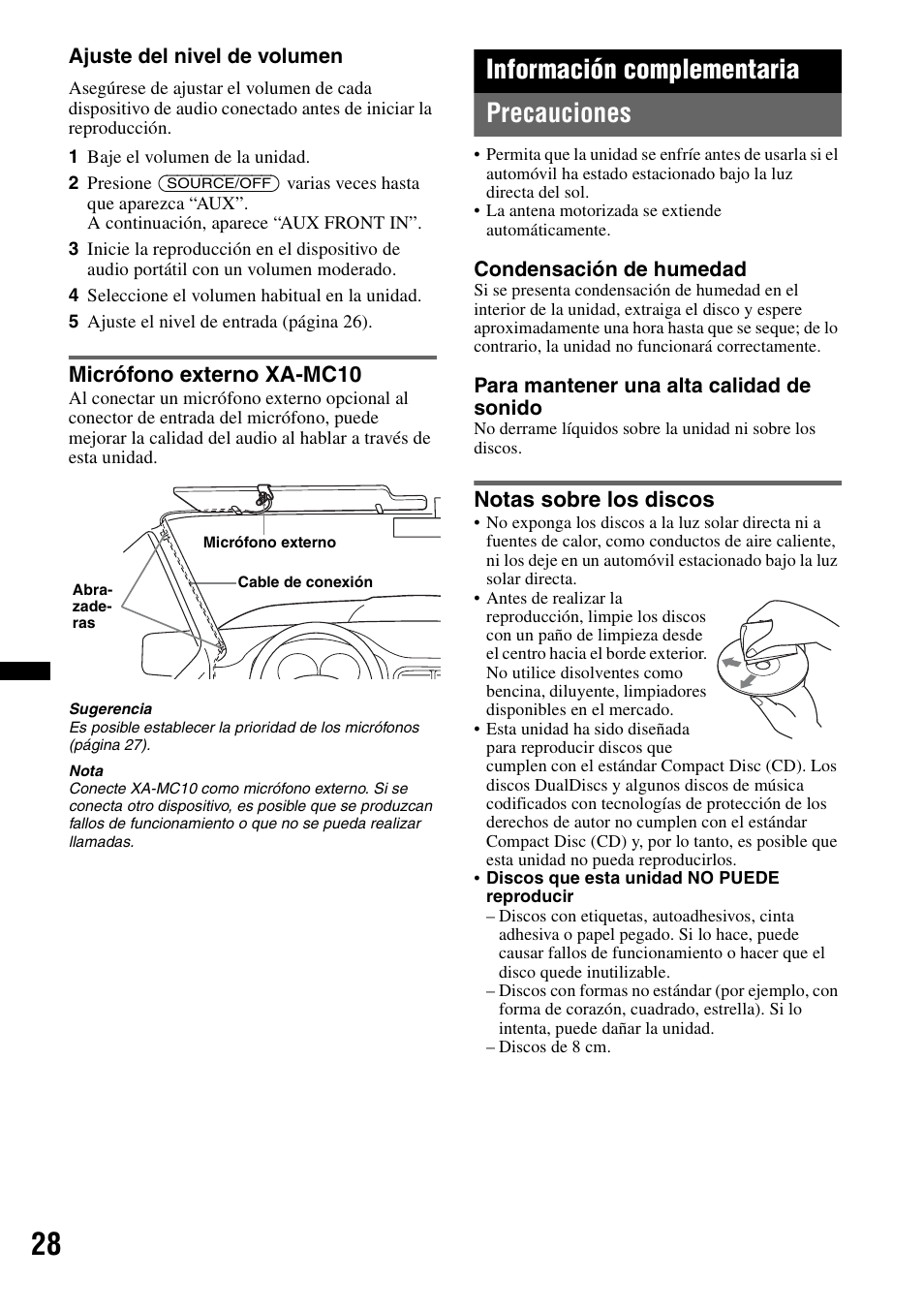 Micrófono externo xa-mc10, Información complementaria, Precauciones | Sony  MEX-BT38UW User Manual | Page 62 / 72 | Original mode