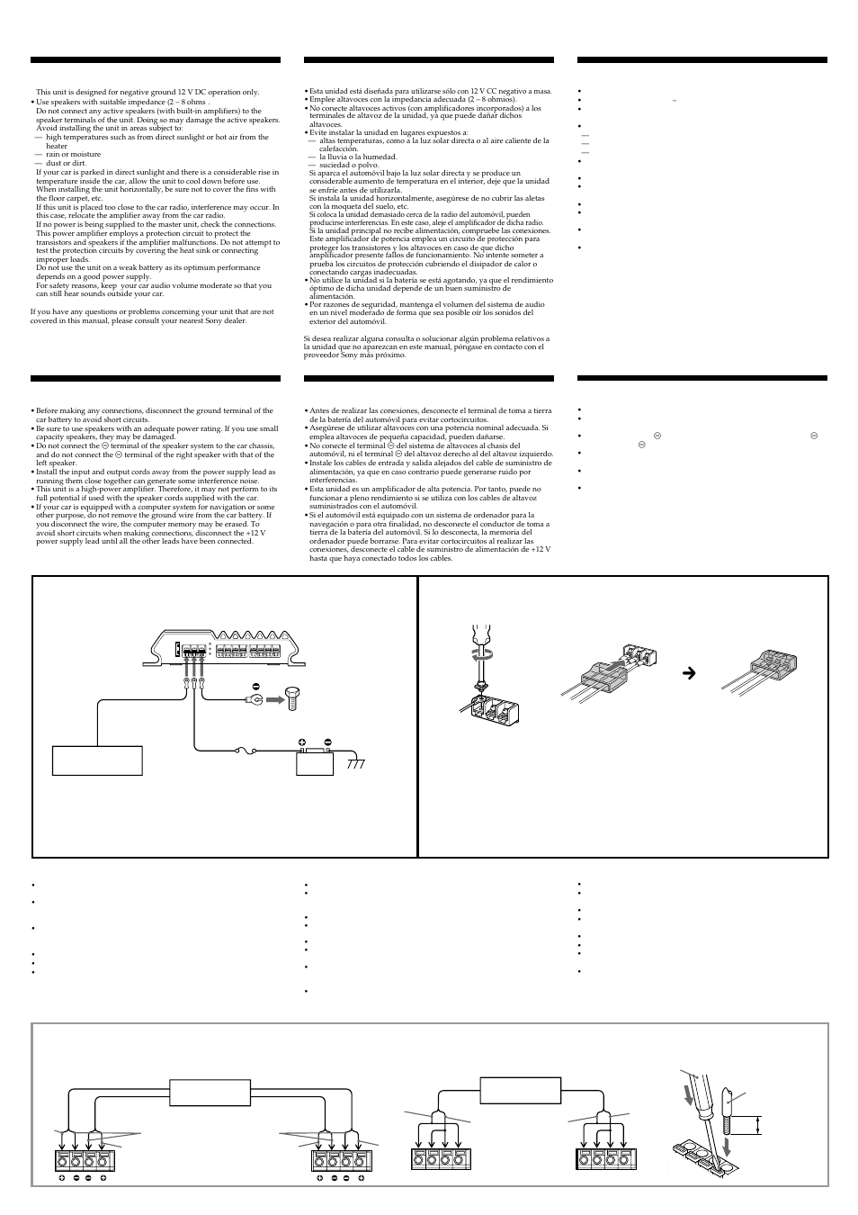 Connections, Conexiones, Precautions | Sony XM-440EX User Manual | Page 3 /  4