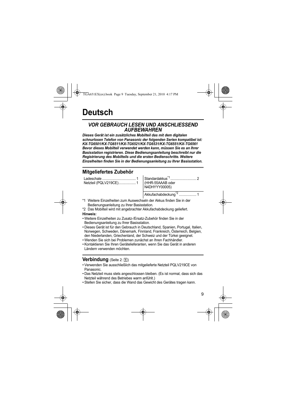 Deutsch, Vor gebrauch lesen und anschliessend aufbewahren, Mitgeliefertes  zubehör | Panasonic KXTGA651EX User Manual | Page 9 / 80