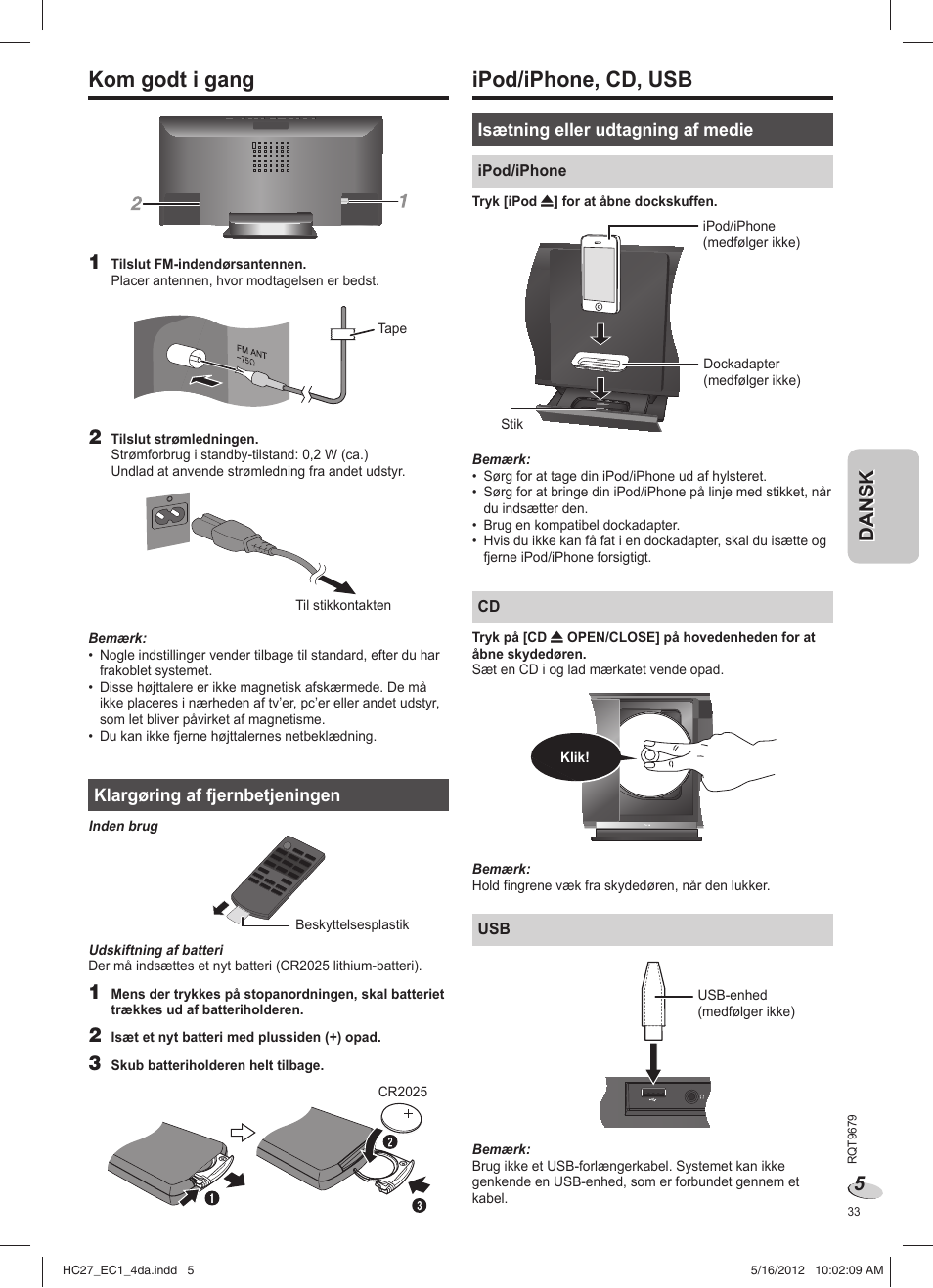 Ipod/iphone, cd, usb, Kom godt i gang | Panasonic SCHC27 User Manual | Page  33 / 68