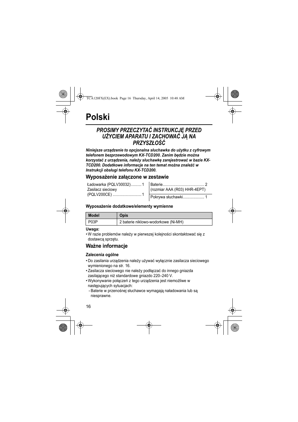 Polski | Panasonic KXTCA120FX User Manual | Page 16 / 32 | Original mode