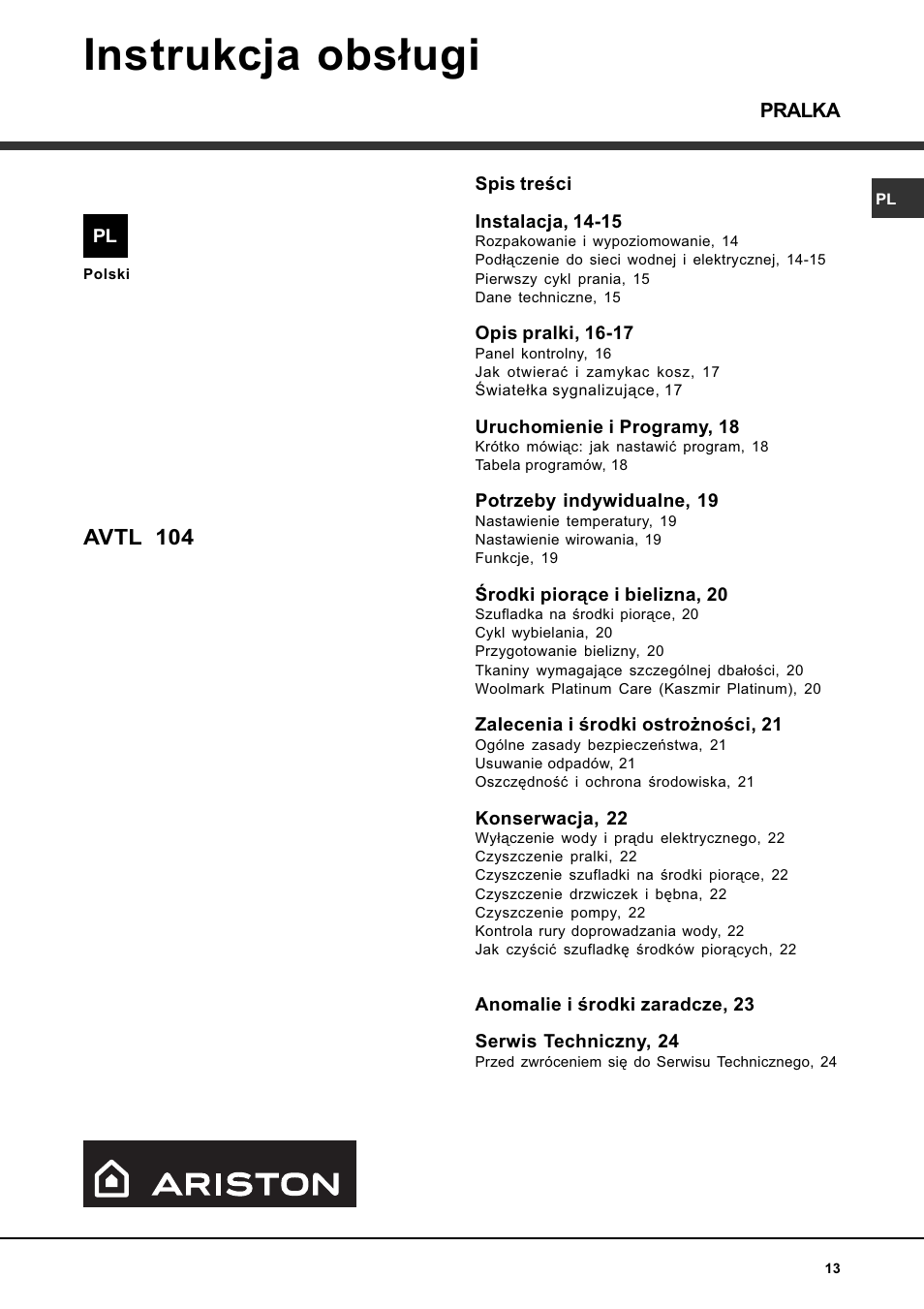 Instrukcja obs³ugi, Avtl 104 | Ariston WASHING MACHINE AVTL 104 User Manual  | Page 13 / 72