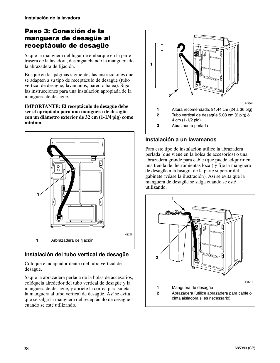 Instalación del tubo vertical de desagüe, Instalación a un lavamanos, De  desagüe | Alliance Laundry Systems H011C User Manual | Page 30 / 42 |  Original mode
