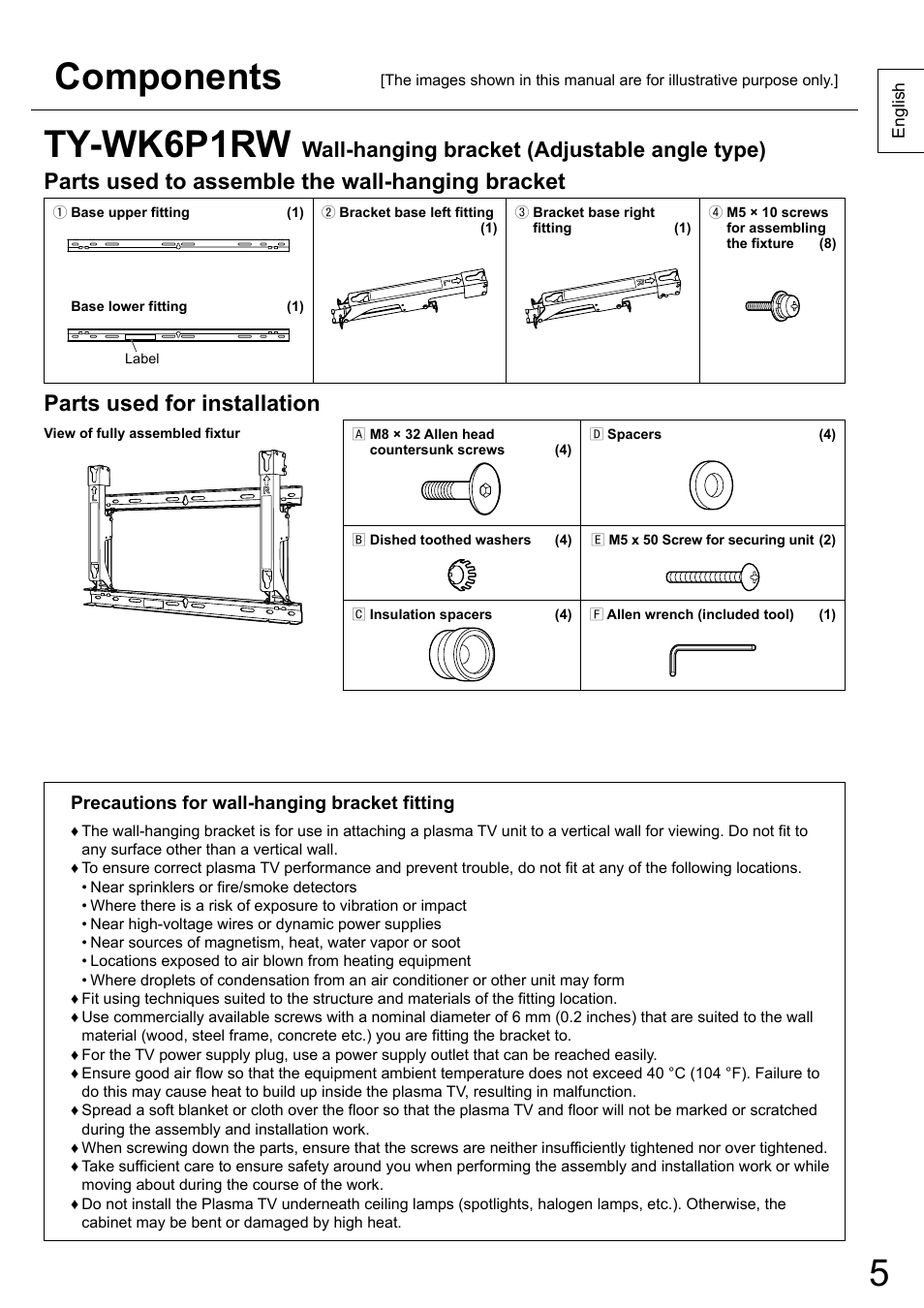 Ty-wk6p1rw, Components, Parts used to assemble the wall-hanging bracket |  Panasonic TYWK6P1RW User Manual | Page 5 / 90 | Original mode