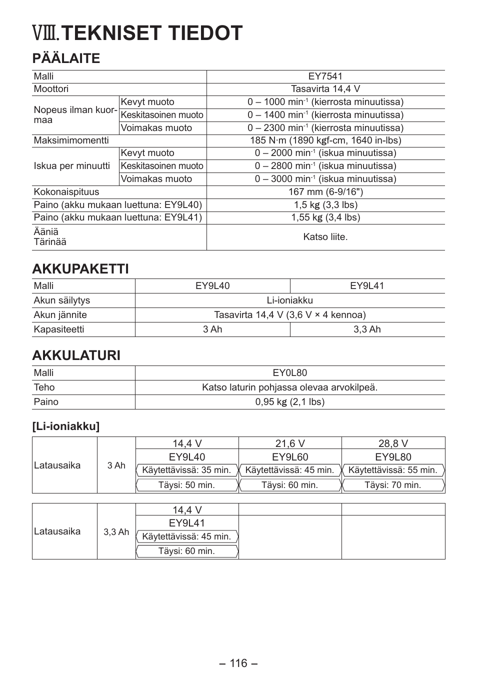 Viii, Tekniset tiedot, Päälaite | Panasonic EY7541 User Manual | Page 116 /  140