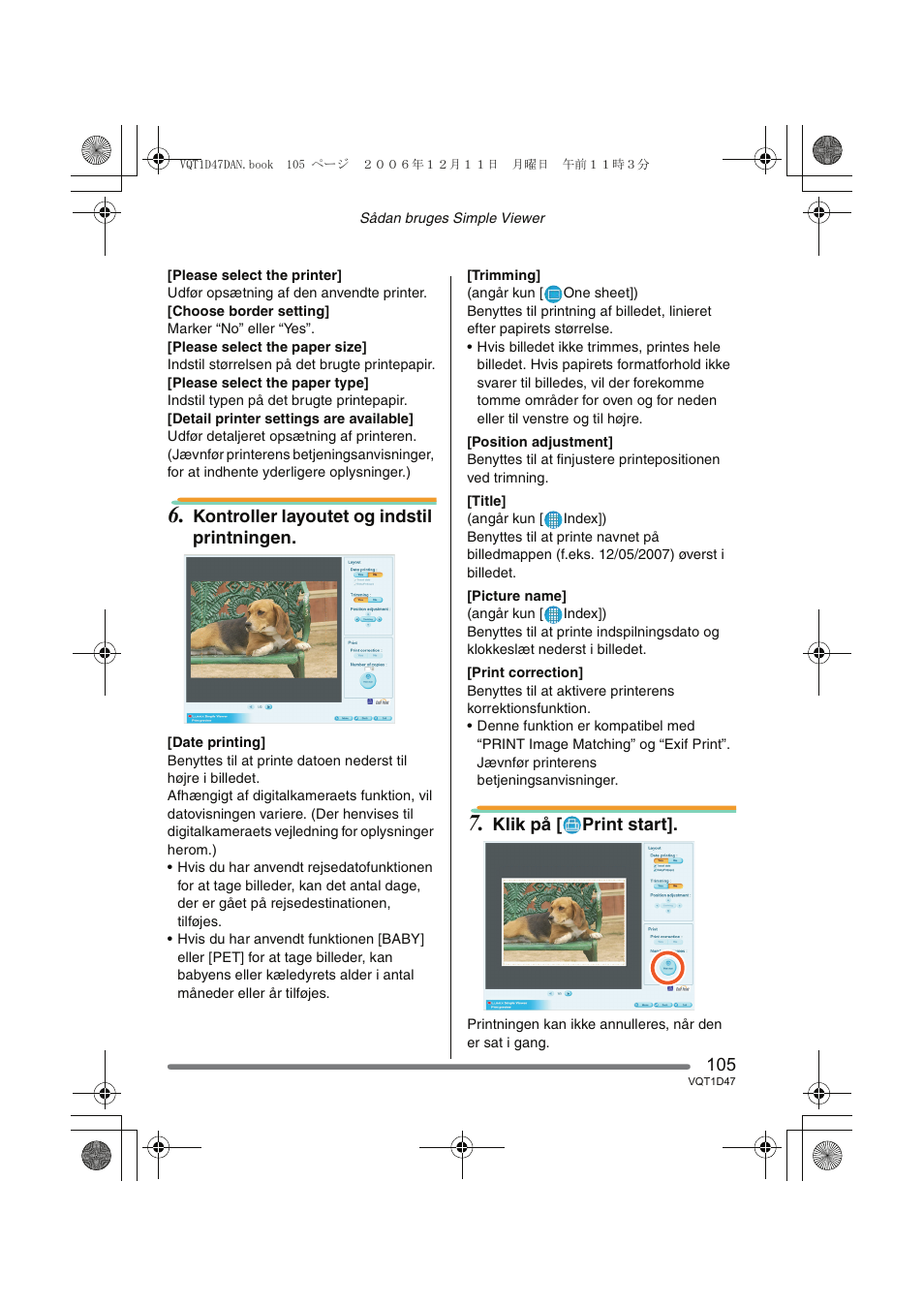 Kontroller layoutet og indstil printningen, Klik på [ print start |  Panasonic DMCFX30 User Manual | Page 105 / 120 | Original mode