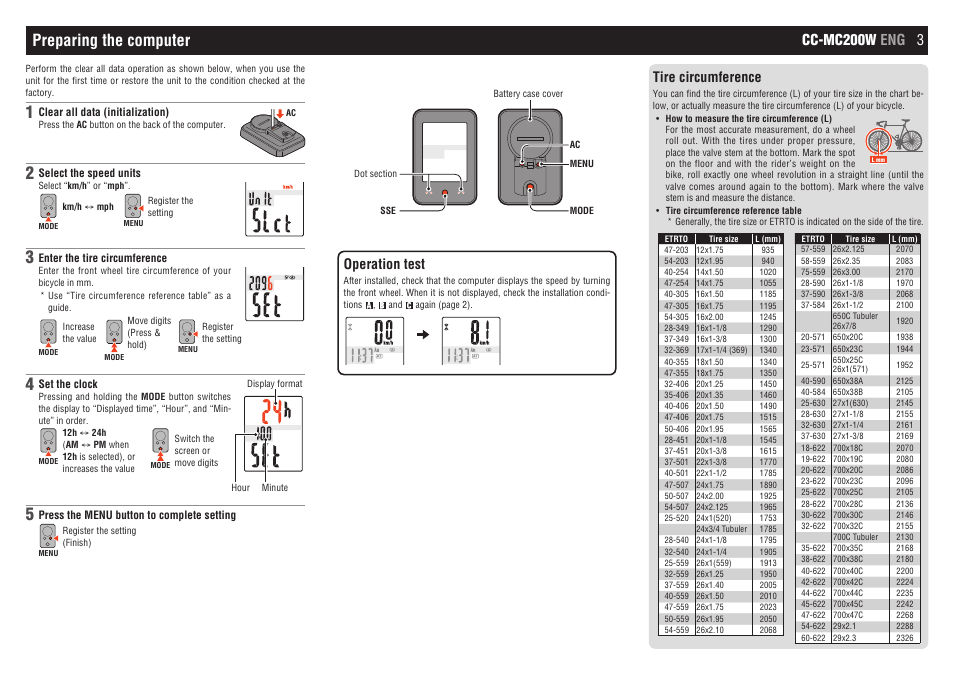 Preparing the computer, Cc-mc200w eng 3, Operation test | CatEye CC-MC200W [Micro  Wireless] User Manual | Page 3 / 9 | Original mode