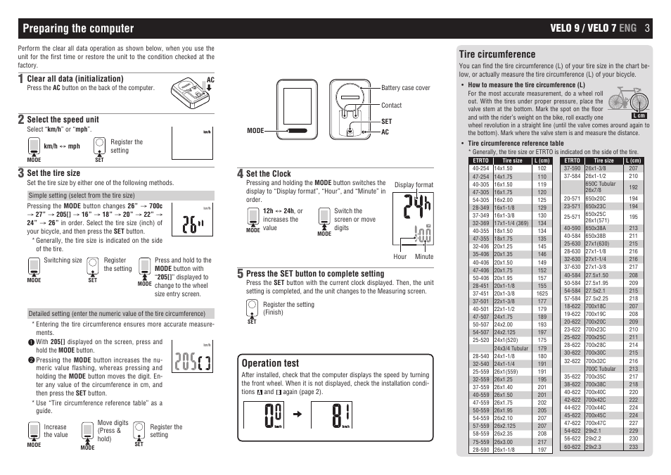 Preparing the computer, Velo 9 / velo 7 eng 3 operation test, Tire  circumference | CatEye CC-VL520/CC-VL820 [Velo 7/Velo 9] User Manual | Page  3 / 4 | Original mode