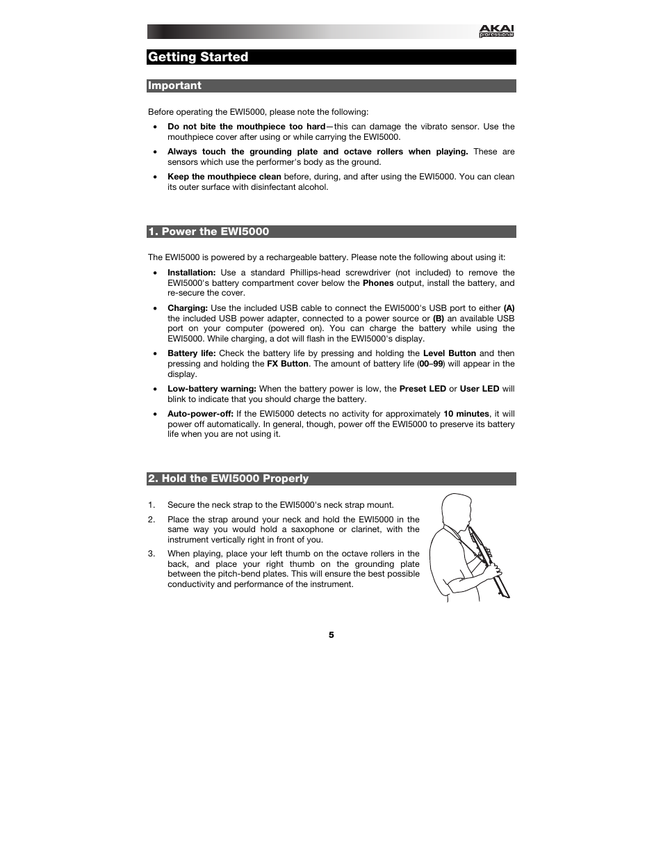 Getting started, Important, Power the ewi5000 | Akai EWI5000 User Manual |  Page 5 / 49