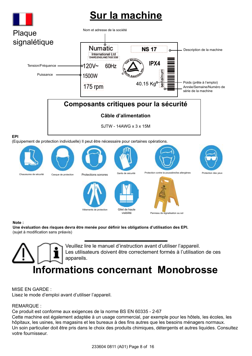 Sur la machine, Informations concernant monobrosse, Plaque signalétique |  NaceCare Solutions NS20 User Manual | Page 8 / 16 | Original mode