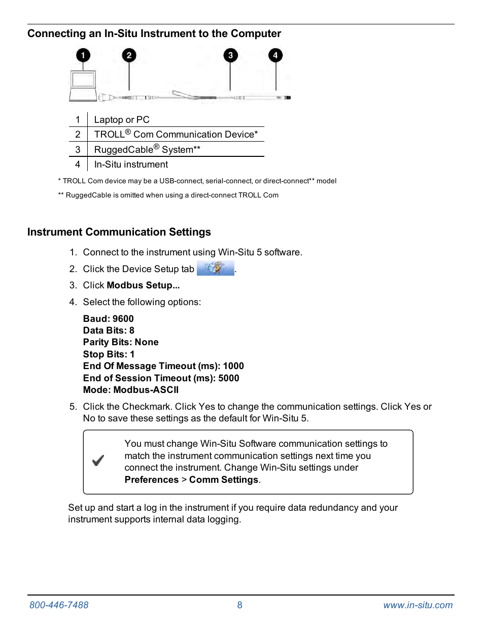 Connecting an in-situ instrument to the computer, Instrument communication  settings | In-Situ Tube 300R Telemetry System User Manual | Page 8 / 44