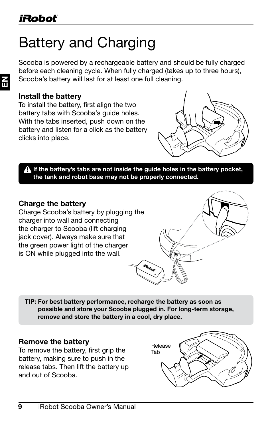 Battery and charging | iRobot Scooba 390 User Manual | Page 12 / 17