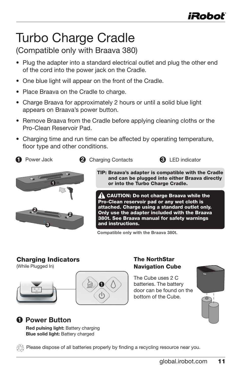 Turbo charge cradle, Compatible only with braava 380), Power button | iRobot  Braava 300 Series User Manual | Page 11 / 28
