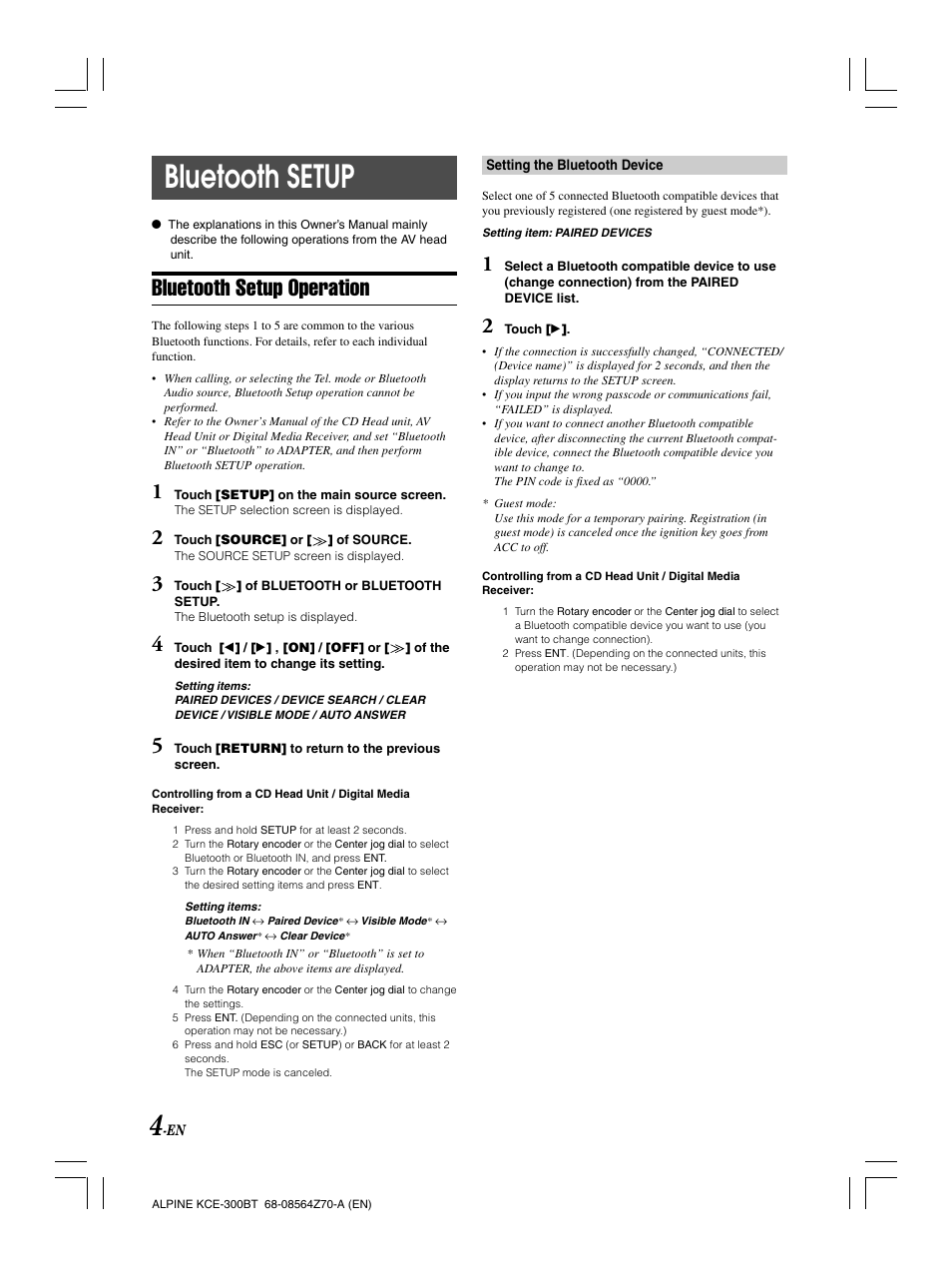 Bluetooth setup, Bluetooth setup operation | Alpine KCE-300BT User Manual |  Page 7 / 100