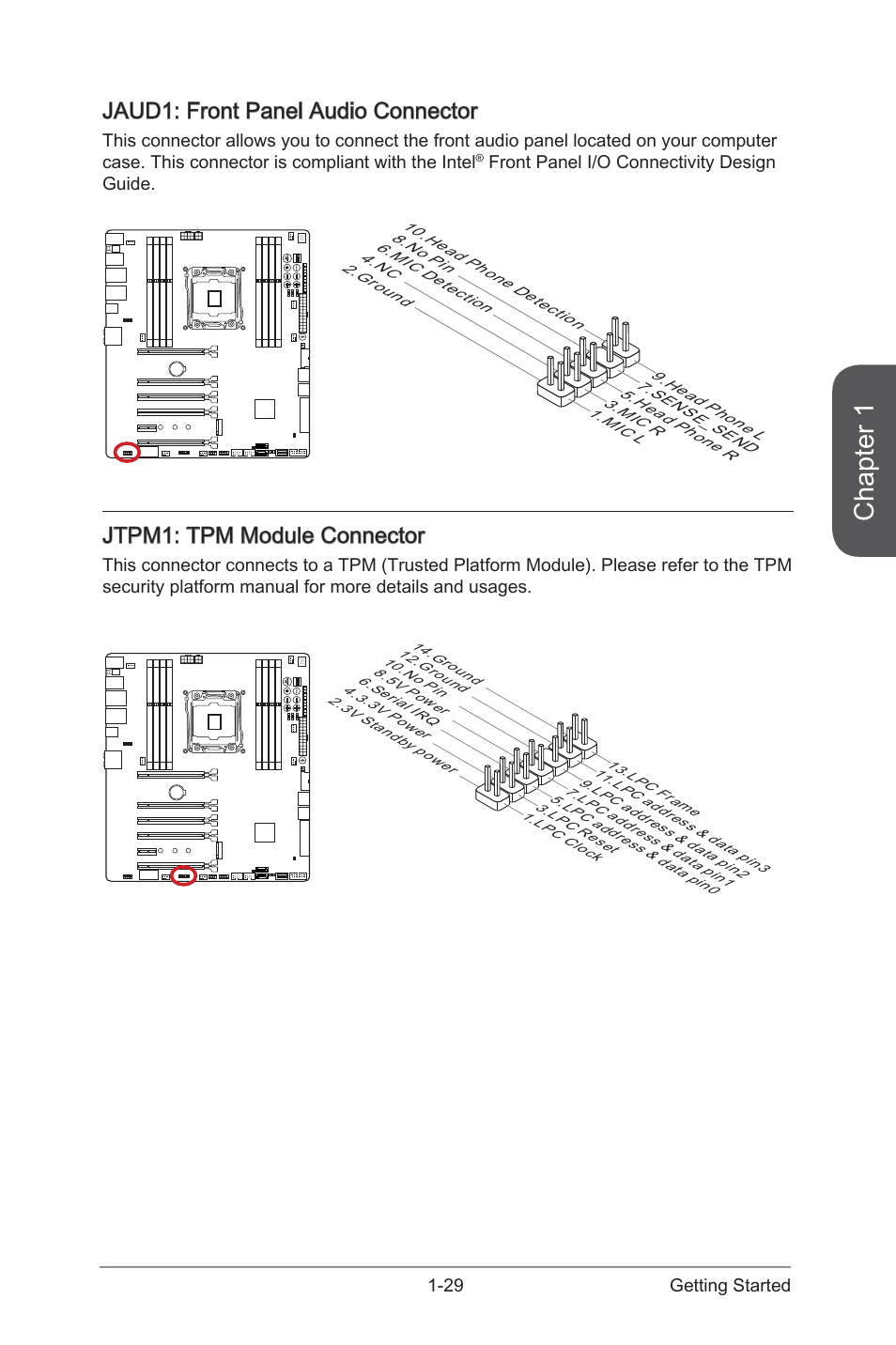 Jaud1: front panel audio connector, Jtpm1: tpm module connector, Jaud1 | MSI  X99S XPOWER AC Manual User Manual | Page 43 / 116 | Original mode