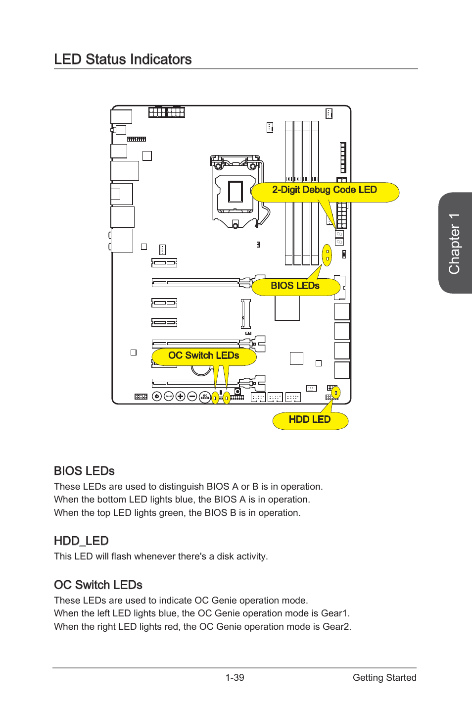 Led status indicators, Bios leds, Hdd_led | MSI Z87 MPOWER SP User Manual |  Page 53 / 118