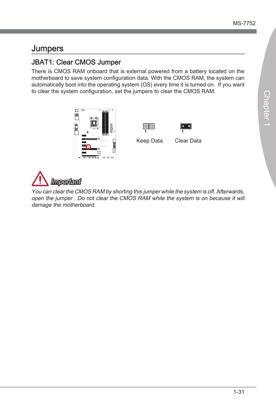 Jumpers -31, Jbat1, Clear cmos jumper | MSI Z77A-G45 GAMING User Manual |  Page 43 / 96