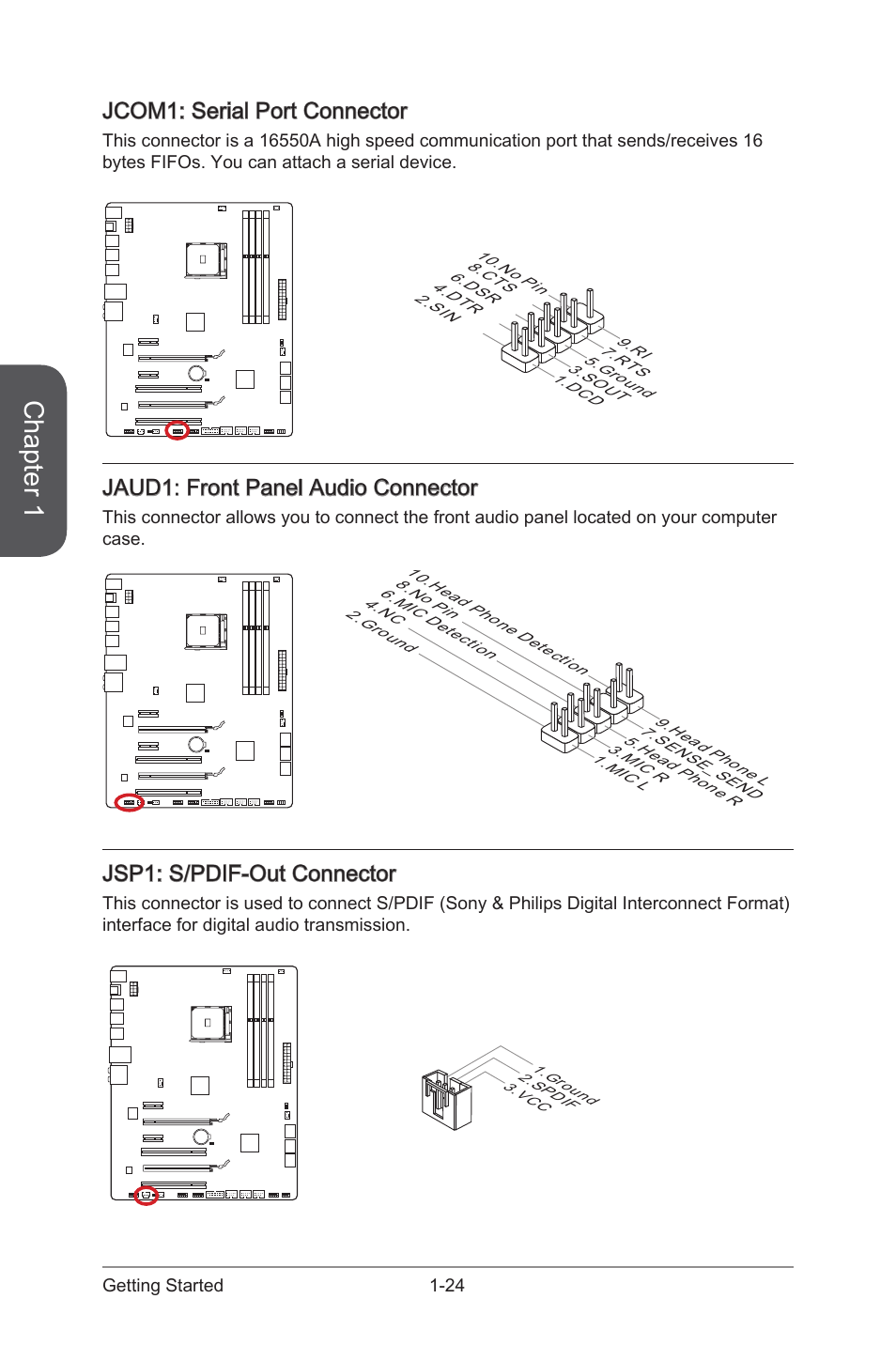 Jaud1, Front panel audio connector, Jcom1 | MSI 970 GAMING User Manual |  Page 38 / 90