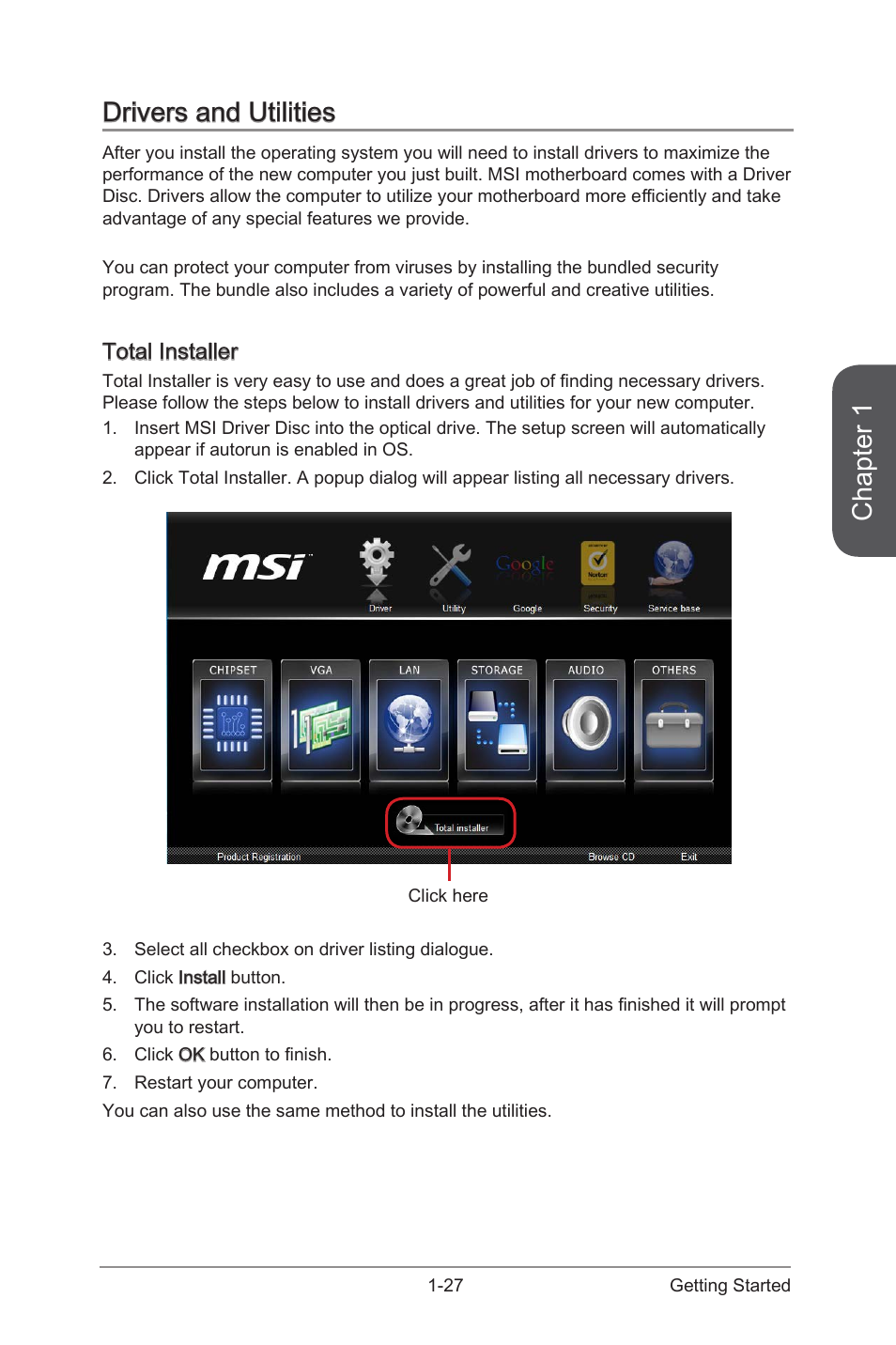 Drivers and utilities -27, Total installer -27, Chapter 1 | MSI 970 GAMING  User Manual | Page 41 / 90