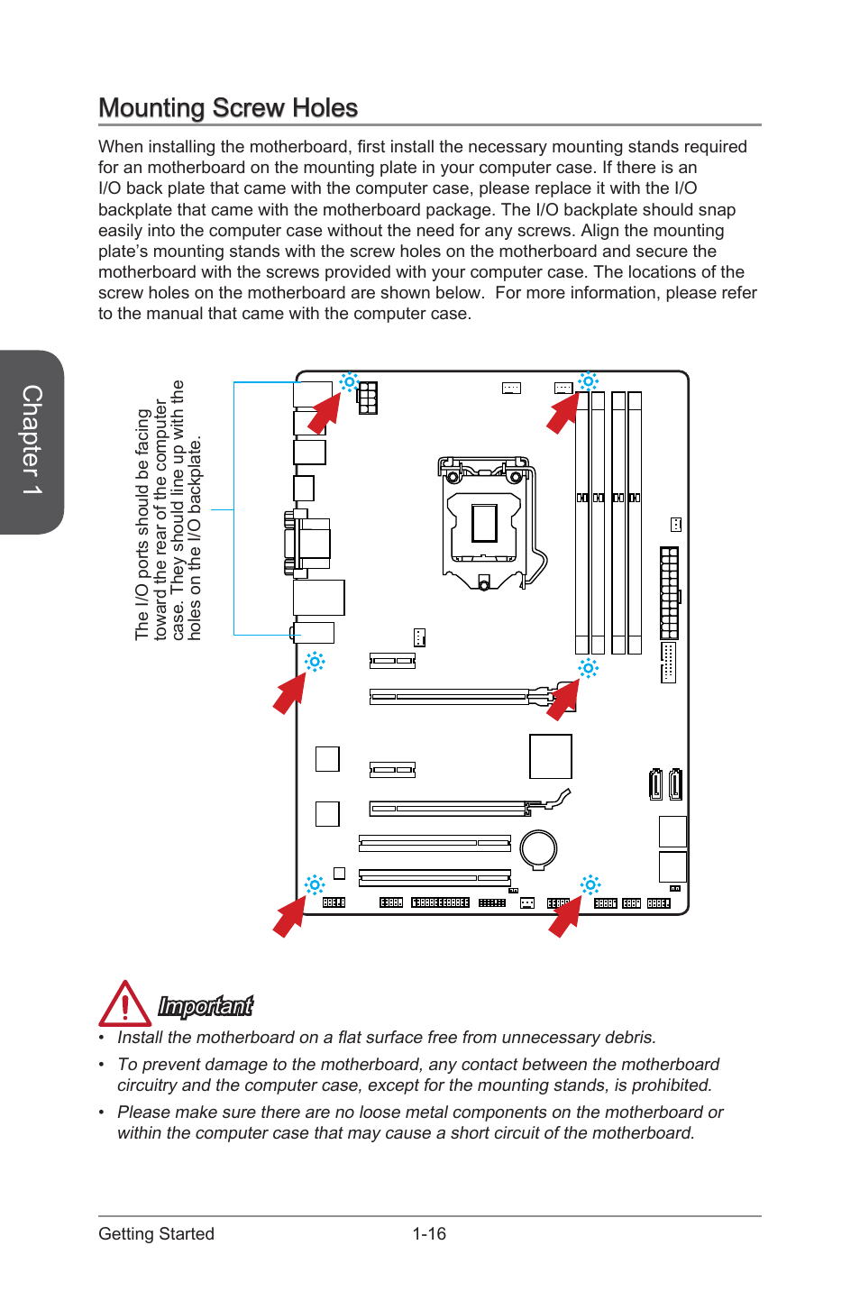 Mounting screw holes -16, Chapter 1, Mounting screw holes | MSI Z97 PC MATE  User Manual | Page 30 / 102 | Original mode