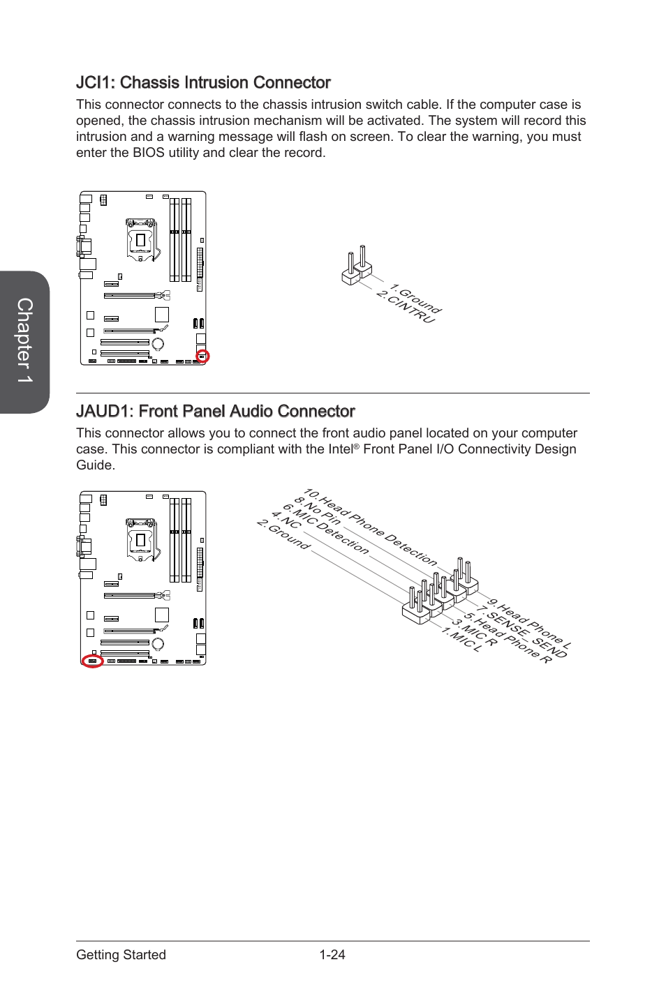 Jaud1, Front panel audio connector, Jci1 | MSI Z97 PC MATE User Manual |  Page 38 / 102