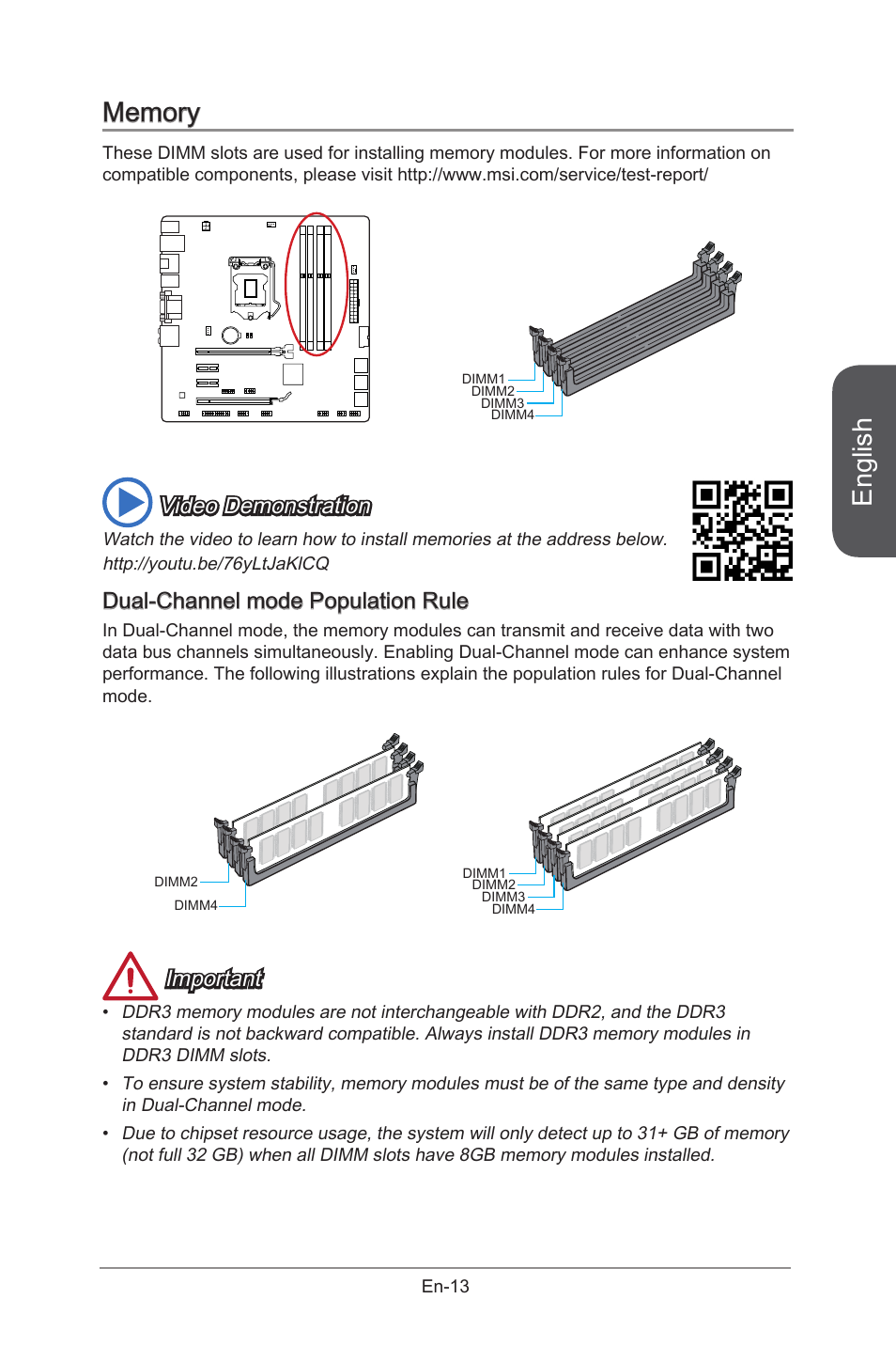 English, Video demonstration, Dual-channel mode population rule | MSI B85M- G43 User Manual | Page 25 / 178 | Original mode