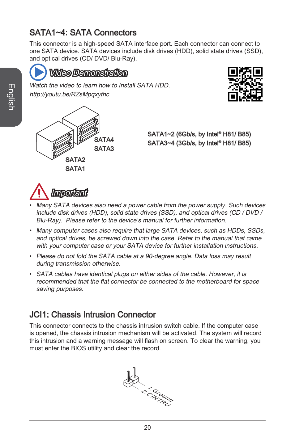 English, Sata ~4: sata connectors, Video demonstration | MSI H81M-E33 V2  User Manual | Page 20 / 182 | Original mode