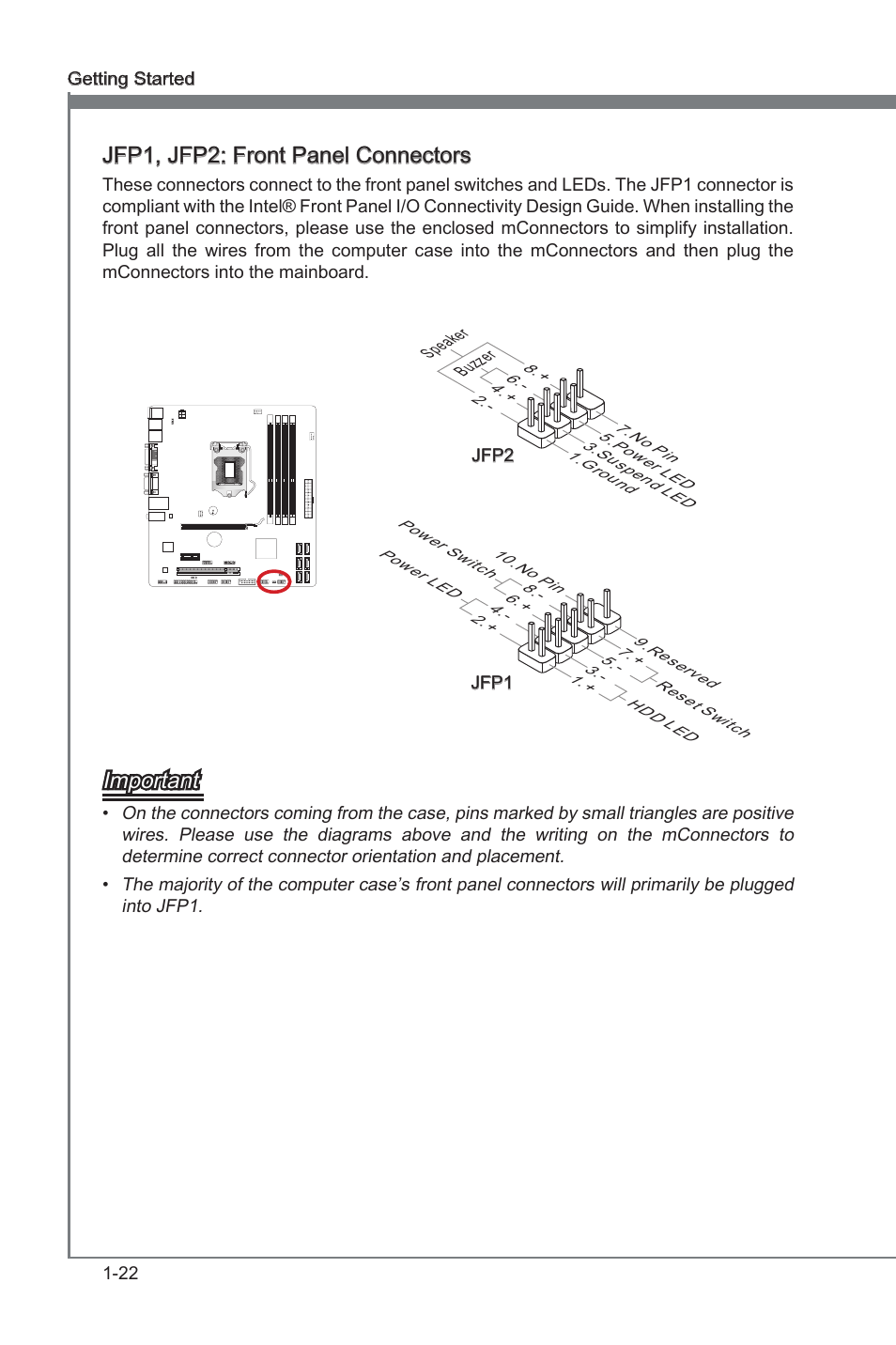 Jfp1, jfp2, Front panel connectors, Jfp1, jfp2: front panel connectors | MSI  CSM-B75MA-P45 User Manual | Page 32 / 68