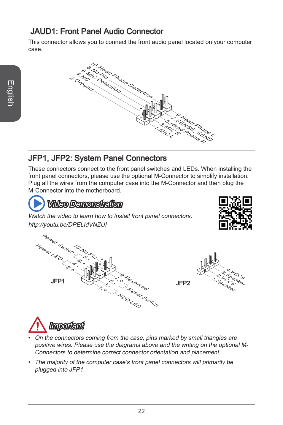 English, Jaud : front panel audio connector, Jfp , jfp2: system panel  connectors | MSI A55M-E35 User Manual | Page 22 / 186 | Original mode
