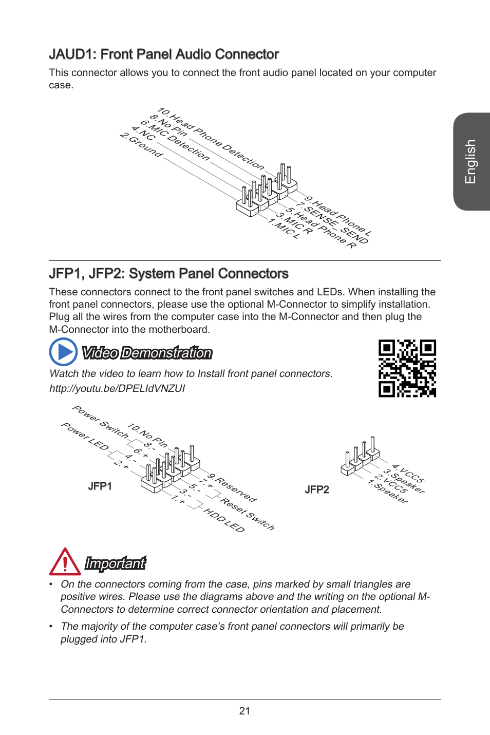 English, Jaud : front panel audio connector, Jfp , jfp2: system panel  connectors | MSI A55M-E33 User Manual | Page 21 / 170