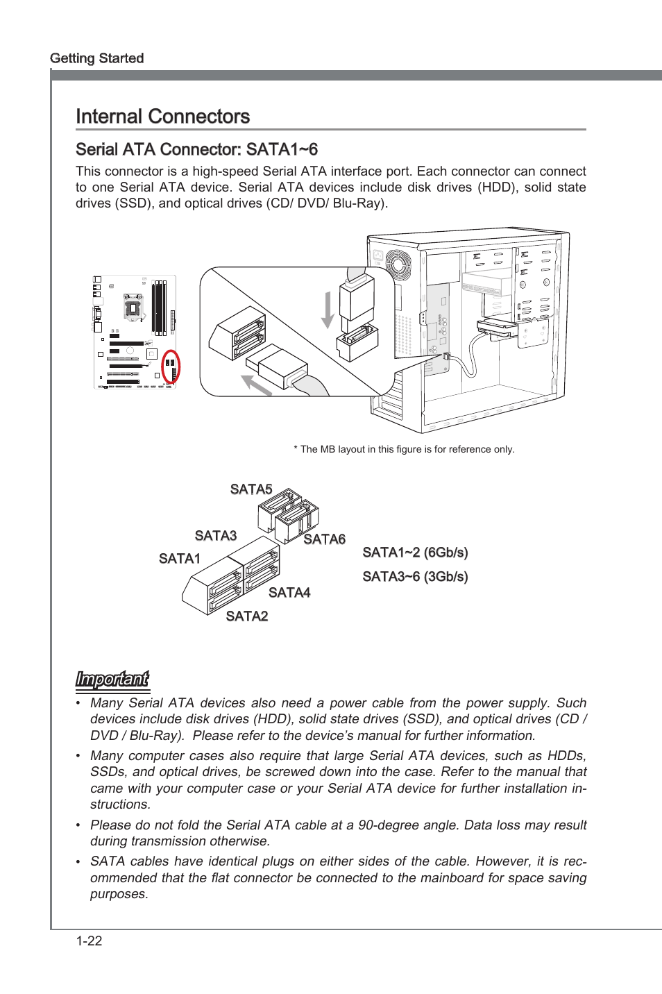 Internal connectors, Serial ata connector: sata1~6, Internal connectors -22  | MSI Z68A-G43 (G3) User Manual | Page 32 / 80 | Original mode