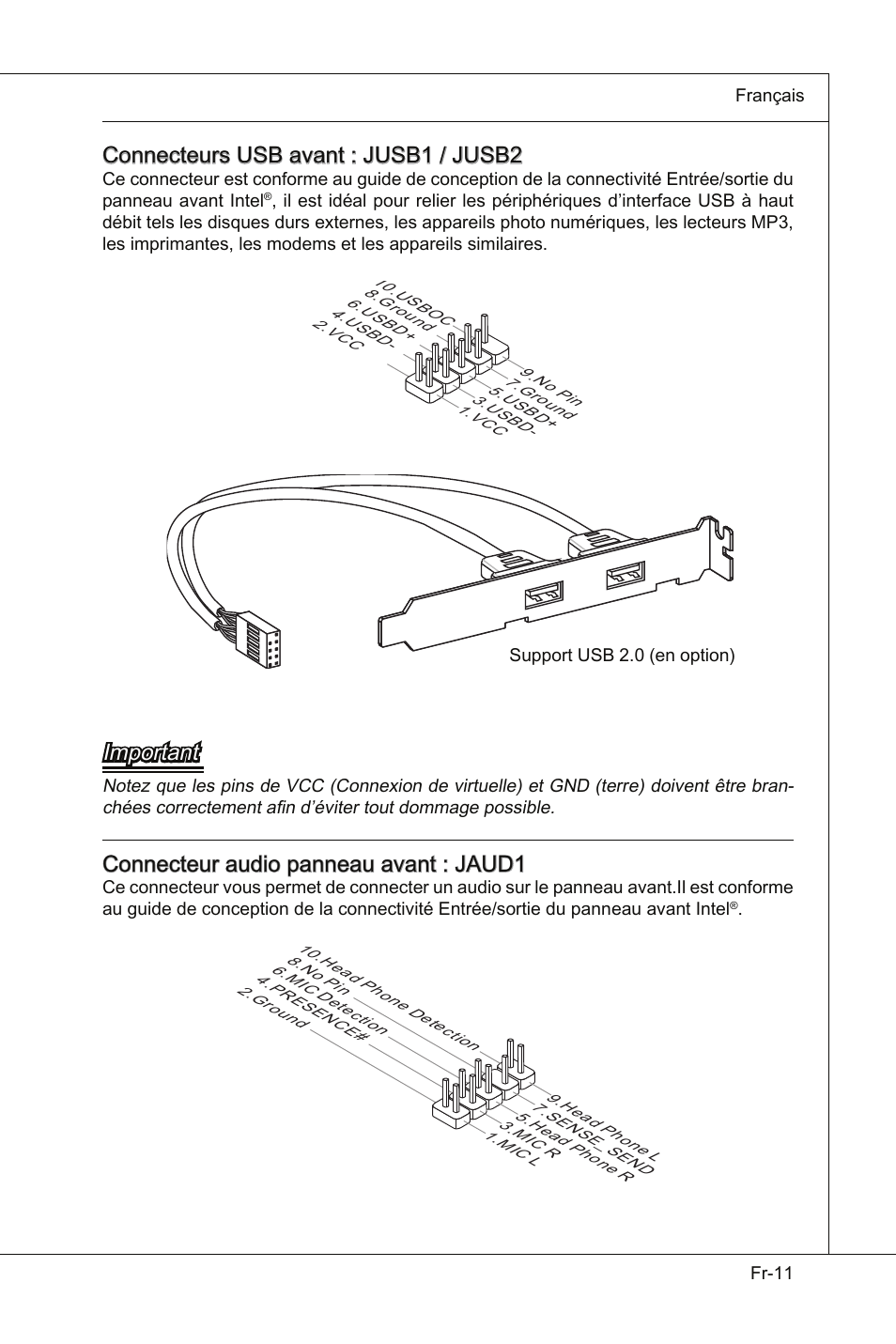 Connecteurs usb avant : jusb1 / jusb2, Important, Connecteur audio panneau  avant : jaud1 | MSI Wind Board D510 User Manual | Page 69 / 106 | Original  mode