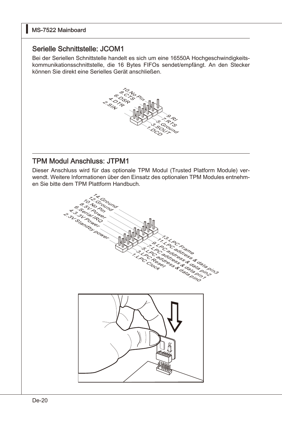 Ser elle schn ttstelle: jcom1, Tpm modul anschluss: jtpm1 | MSI X58 Pro-E  User Manual | Page 70 / 170 | Original mode